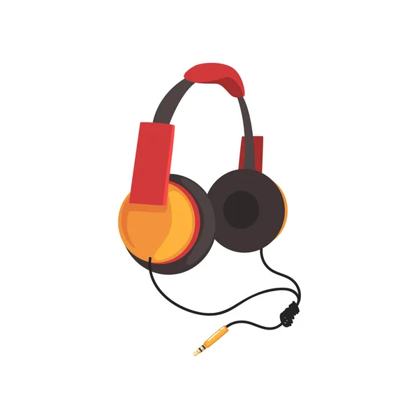 Rode en gele hoofdtelefoon met hoofdband en adapter koord, muziek technologie accessoire cartoon vector illustratie — Stockvector