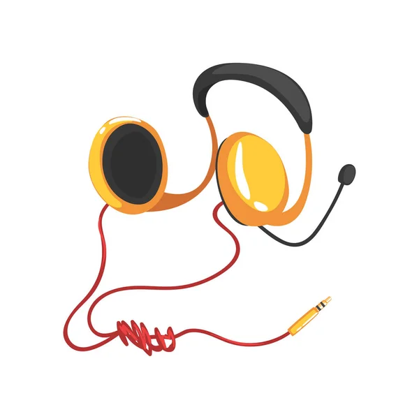 Draadloze hoofdtelefoon, gele koptelefoon met microfoon cartoon vector illustratie — Stockvector
