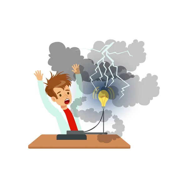 Boy scientist after a failed physical experiment, schoolboy at physics lesson vector Illustration — Stock Vector