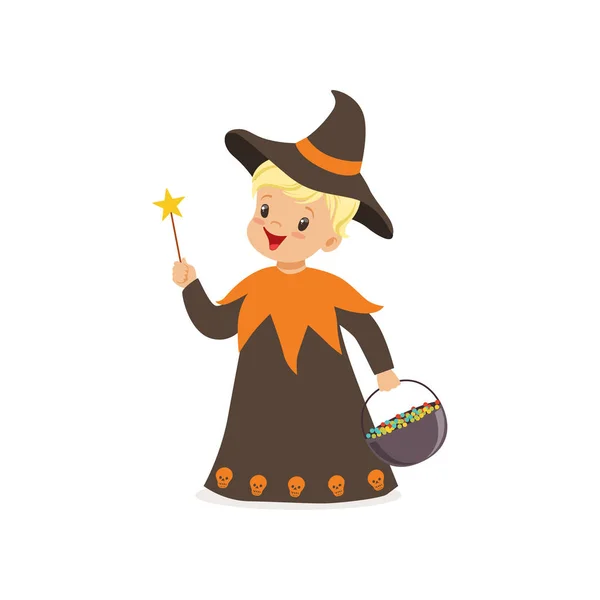 Kis fiú öltözött, mint egy varázsló, aranyos gyerek, halloween jelmez vektoros illusztráció — Stock Vector