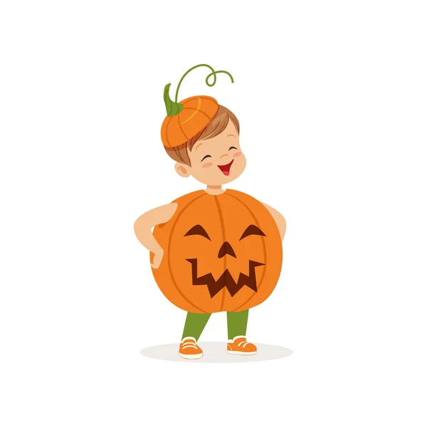 Little boy dressed as a pumpkin, cute kid in halloween costume vector Illustration — Illustration Little boy dressed as a pumpkin, cute kid in halloween costume vector Illustration — Stock Vector