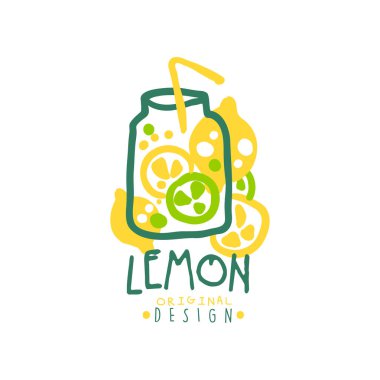 Limon özgün tasarım logo, doğal ürün rozet, taze içecek el çizilmiş vektör çizim
