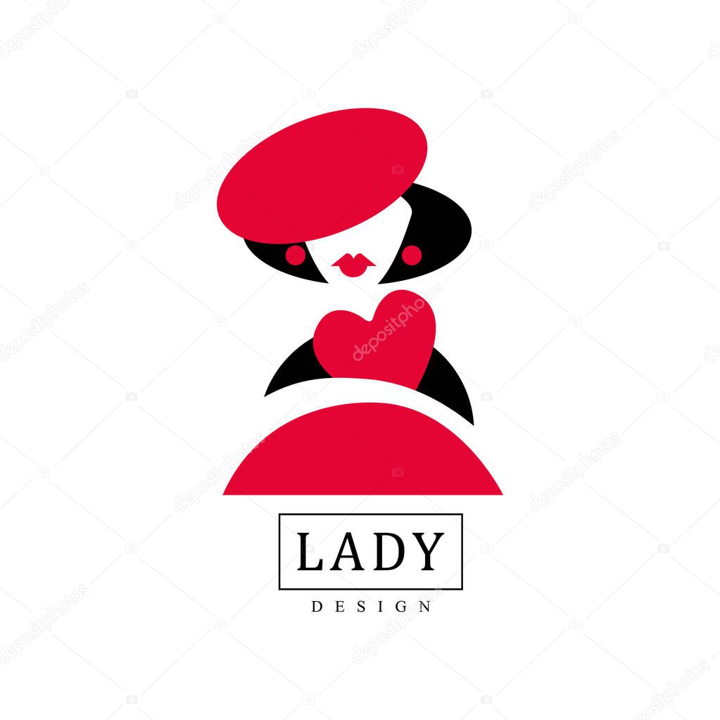 Lady design, fashion, beauty salon, studio or boutique logo template design, red and black fashion poster, placard, banner, young lady portrait vector Illustration