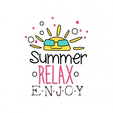 Güneş güneş gözlüğü ile yaratıcı doodle logo. Yaz etiket anahat tarzı. Renkli el tasarım etiket, poster ya da tebrik kartı için çekilmiş. Çizgi film vektör çizim