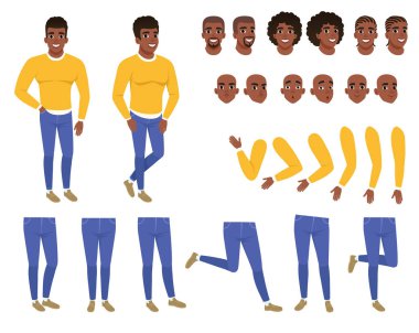 Constructor of young black man. Guy in yellow sweater and blue jeans. Creation set. Body parts, hairstyles and face expressions. Cartoon flat vector character clipart