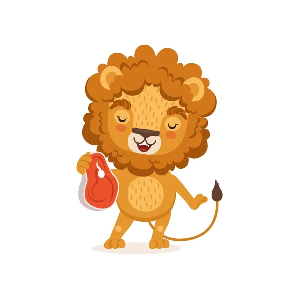 Illustration of happy lion cartoon character standing and holding piece of meat in paw. African animal with lush mane. Vector — Stock Vector