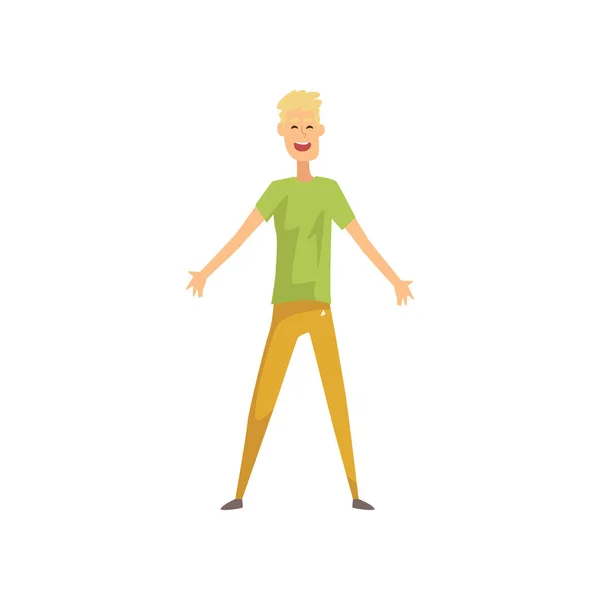 Hombre rubio con expresión de cara alegre de pie aislado en blanco. Personaje masculino de dibujos animados en camiseta verde y pantalones naranjas. Un joven exitoso. Ilustración vectorial plana — Vector de stock