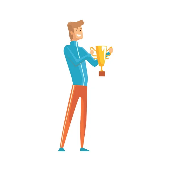 Handsome young sportsman holding winner trophy. Lucky guy. Cartoon male character in sport clothing with golden cup in hands. First place prize. Flat vector illustration — Stock Vector
