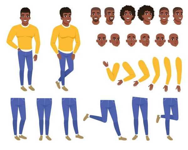 Constructor of young black man. Guy in yellow sweater and blue jeans. Creation set. Body parts, hairstyles and face expressions. Cartoon flat vector character — Stock Vector