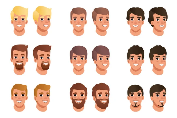 Karikatura sada muži avatary s různými účesy, barvy a vousy: černá, blond, hnědá. Lidská hlava. Muž s úsměvem a výraz obličeje. Konstrukce plochých vector — Stockový vektor
