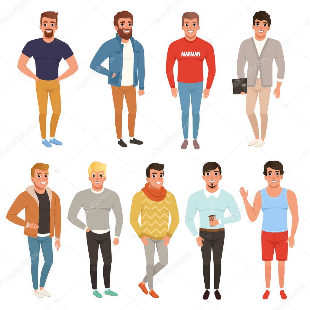 Collection of handsome men in stylish clothing. Casual wear. Male characters posing with smiling face expressions. Colorful flat vector design