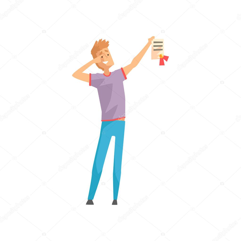 Happy young man holding diploma with red ribbon. Successful or lucky guy. Cartoon male character in casual outfit: t-shirt and jeans. Flat vector illustration