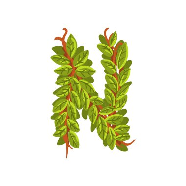 İngilizce Alfabe harf N, ağaç dalları, ekoloji eleman afiş, kart, etiket, sunu veya poster vektör çizim için yapılmış