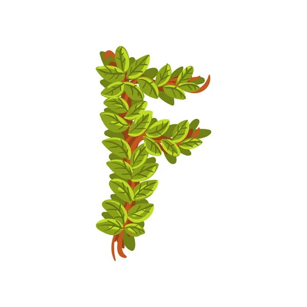Letra F, alfabeto inglés hecho de ramas de árboles, elemento ecológico para banner, tarjeta, etiqueta, presentación o vector de póster Ilustración — Archivo Imágenes Vectoriales