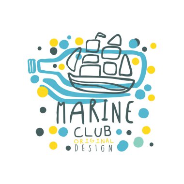 Renkli Deniz Kulübü logo tasarımı ile süs yelkenli gemi bir şişe. Parlak elle çizilmiş vektör çizim üzerinde beyaz izole.