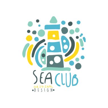 Renkli desenli Deniz Kulübü logosu tasarım şablonu ile deniz feneri ve dekorasyon. Çocuklar tarzı bina. Elle çizilmiş vektör çizim üzerinde beyaz izole.