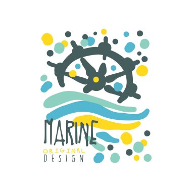 Soyut dalgalar ve gemi direksiyon simidi ile deniz veya yat kulübü logo tasarımı. Beyaz izole el çekilmiş renkli vektör.