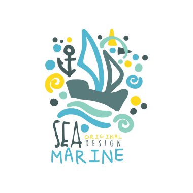 Deniz deniz özgün logo tasarım şablonu ile gemi ya da soyut dalgalar üzerinde yüzen yat. Elle çizilmiş renkli yaratıcı vektör çizim üzerinde beyaz izole