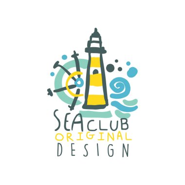 Renkli yat veya Deniz Kulübü logo tasarımı ile fener, gemi direksiyon simidi ve dalgalar. Elle çizilmiş vektör çizim üzerinde beyaz izole