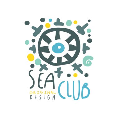 Orijinal renkli deniz veya yat kulübü logo tasarım soyut gemi direksiyon çizim ile. Elle çizilmiş vektör üzerinde beyaz izole.