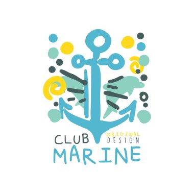 Deniz Kulübü logosu özgün tasarımı için elle çizilmiş çapa ile yaratıcı Deniz tema mavi ve sarı illüstrasyon. Beyaz izole el çekilmiş renkli vektör.