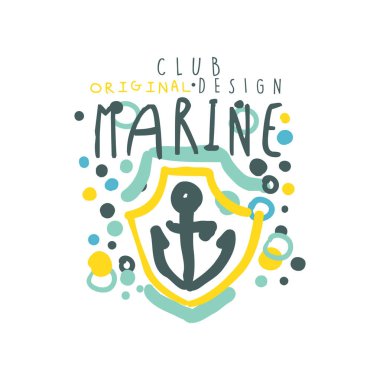 Deniz Kulübü logosu tasarım özgün şablondan çapa kalkan. Çocuklar tarzı. Elle çizilmiş renkli vektör çizim üzerinde beyaz izole.