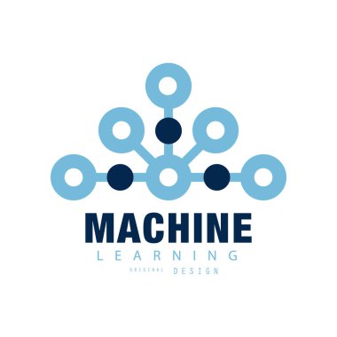 Düz stil tasarlamak teknoloji logo. Makine öğrenme sembolü. Yapay zeka kavramı. Kartvizit, poster, etiket veya rozet için geometrik vektör tasarımı