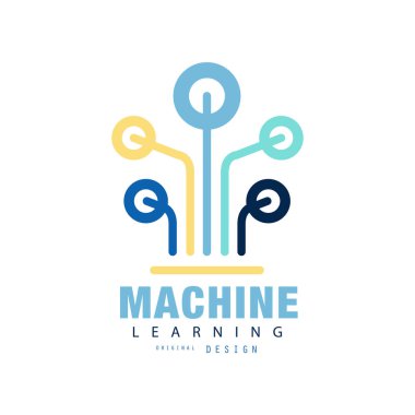 Makine öğrenimi orijinal logosu. Bilgisayar teknolojisi ve yapay zeka. Kurumsal kimlik, reklam poster ya da hareket eden app için düz vektör tasarımı