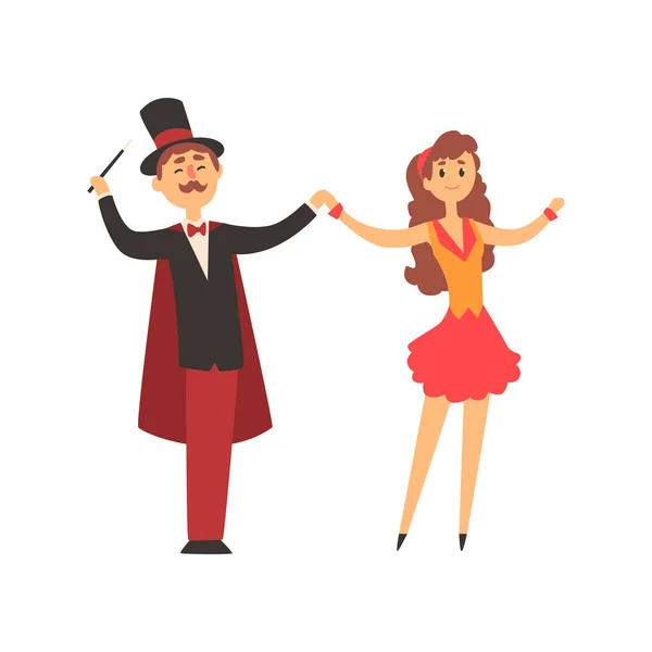 Magician and his assistant girl standing with smiling faces. Moustached man in suit with red cape and top hat. Curly-haired woman in colorful short dress. Circus performance. Flat vector illustration. — Stock Vector