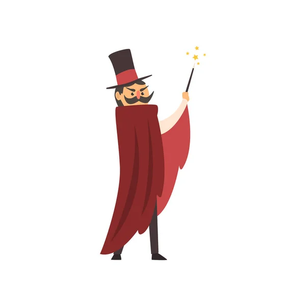 Tamaryškový iluzionista svou kouzelnou hůlkou. Kreslené postavičky kouzelník s červeným kloboukem plášť a válec. Cirkusová představení. Barevné ploché vektorové ilustrace — Stockový vektor