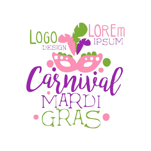 Barevné ploché ručně tažené Mardi Gras holiday logo Originální design s nápisem a růžové maska s peří. Masopustní úterý, karneval. Vektor na bílém — Stockový vektor
