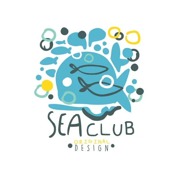 Design creativo disegnato a mano del modello del logo del club del mare con pesce astratto e bolle d'aria in acqua. Viaggi marini e sport a tema. Vettore isolato su bianco . — Vettoriale Stock