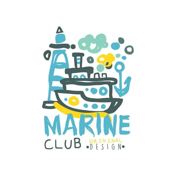 Modello creativo di design del logo del club del mare con illustrazione astratta di yacht e faro. Vettore colorato disegnato a mano isolato su bianco . — Vettoriale Stock