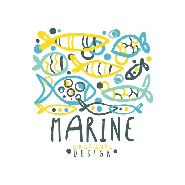 Deniz veya kulüp logosu özgün tasarım yazı ile Balık tutma ve soyut farklı balık suda. Düz yaratıcı el çekilmiş renkli vektör çizim üzerinde beyaz. — Stok Vektör