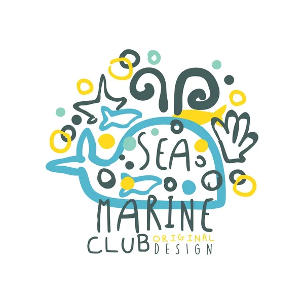 Illustrazione astratta con balena e decorazione per il logo del club marino modello di design originale. Disegno stile bambini. Vettore colorato disegnato a mano isolato su bianco . — Vettoriale Stock