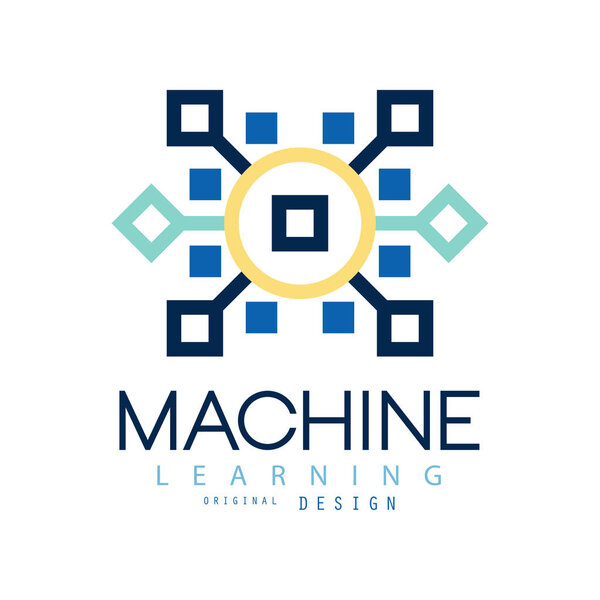 Colored geometric logo of machine learning. Artificial intelligence icon. Computer science. Flat vector design for website, business card or company label