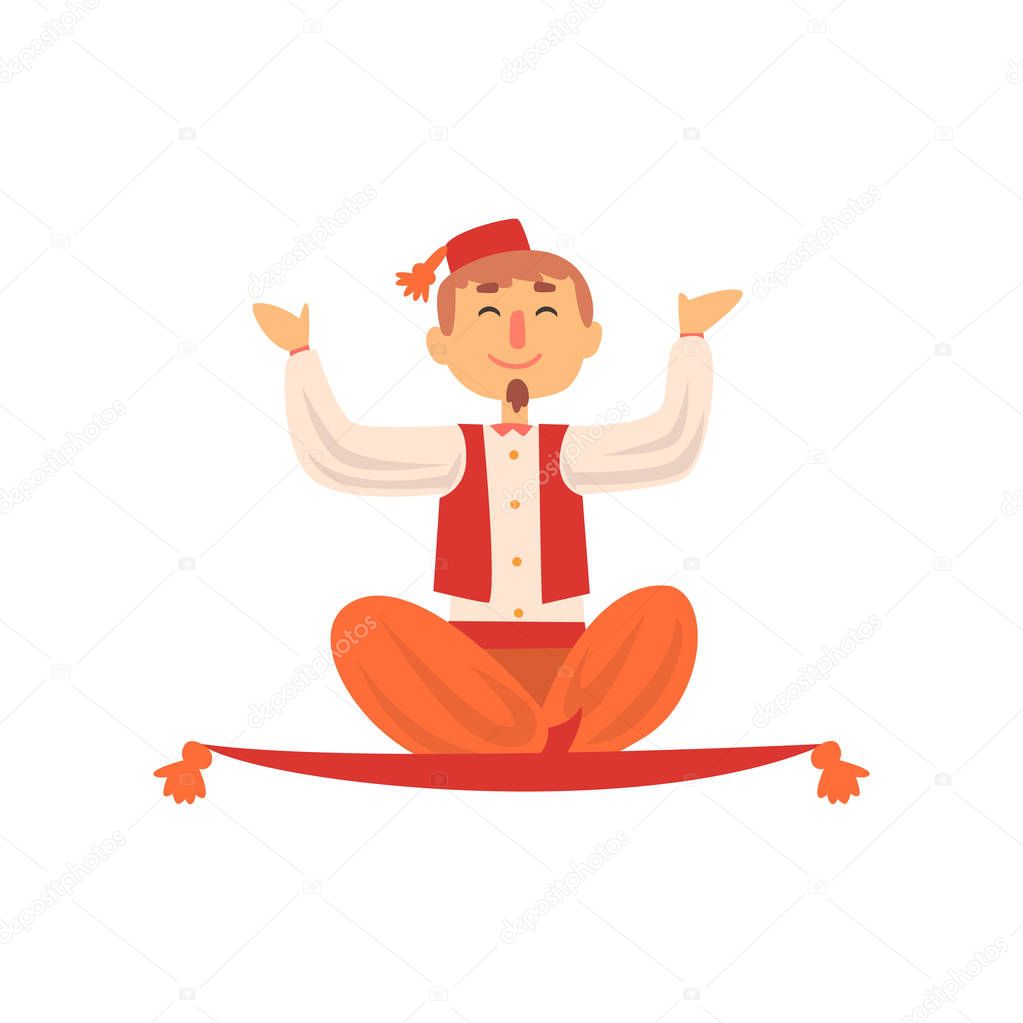 Cheerful man flying on magic carpet. Magician showing levitating trick. Cartoon male character in colorful costume with red fez on head. Flat vector design