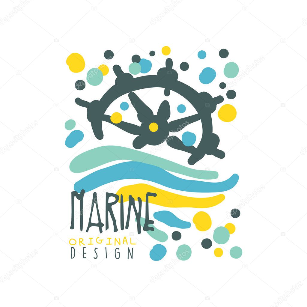 Marine or yacht club logo design with abstract waves and ship steering wheel. Hand drawn colorful vector isolated on white.