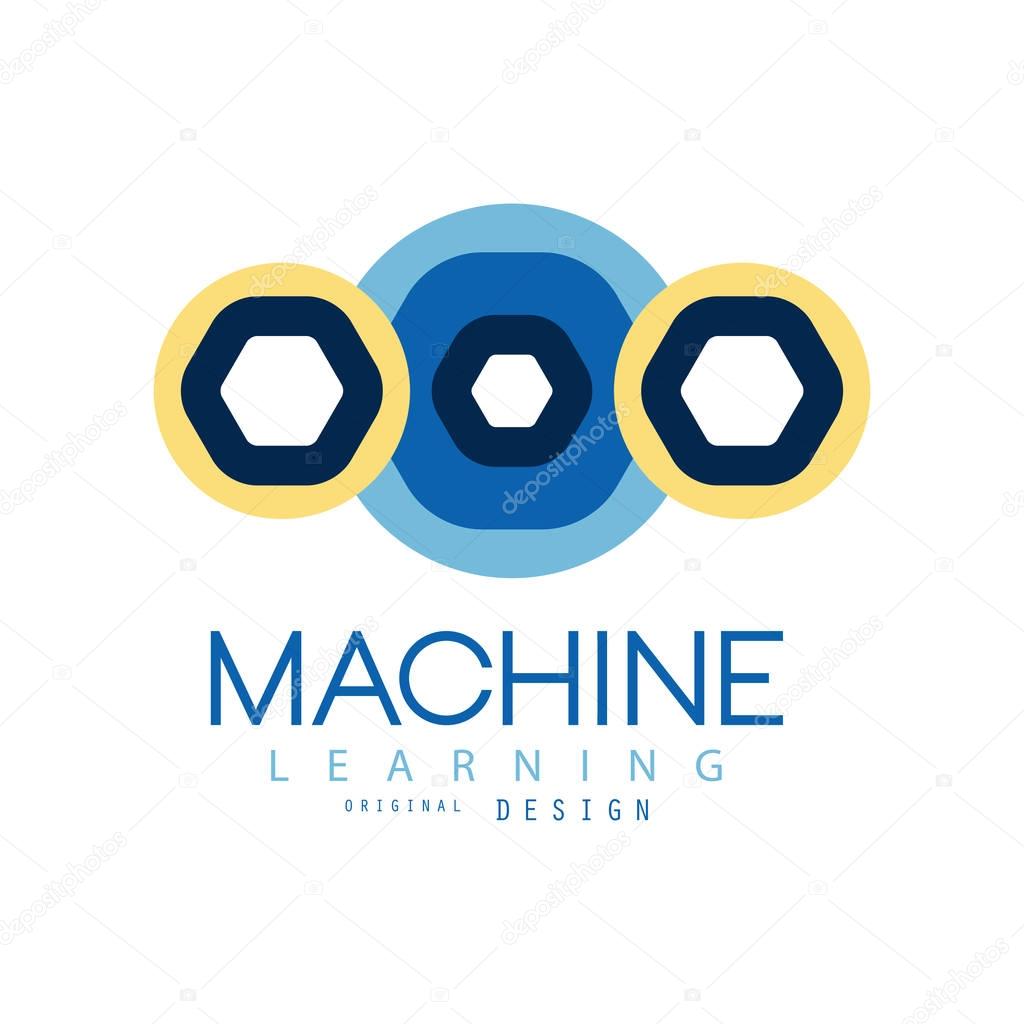 Colored logo of machine learning in geometric shape. Technology computing. Artificial intelligence development. Flat vector design for mobile app or company label