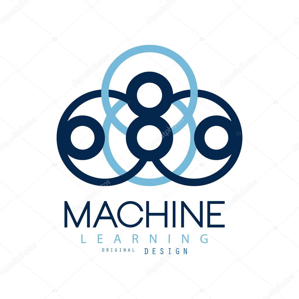 Symbol of machine learning. Computers and artificial intelligence technologies. Flat icon in blue color. Graphic design for company logo, label or advertising poster. Isolated vector illustration.
