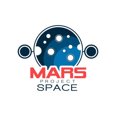 Gezegen ile logo yaratıcı astronomik. Mars Projesi, uzay keşif. Renkli simge yazıt ile anahat tarzında. Amblem, etiket veya rozet için düz vektör