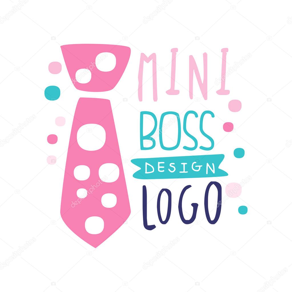 Original mini boss logo design. Abstract decorated pink tie and hand drawn lettering. Colorful flat vector illustration isolated on white.