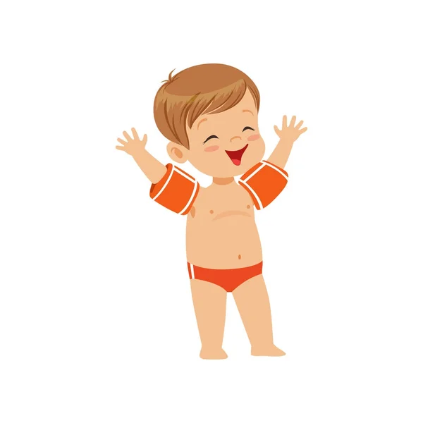 Χαριτωμένο μικρό αγόρι φορώντας μανίκια κολύμβηση, παιδί παίζοντας στην παραλία, ευτυχισμένος νήπια υπαίθρια δραστηριότητα στις καλοκαιρινές διακοπές διανυσματικά εικονογράφηση — Διανυσματικό Αρχείο