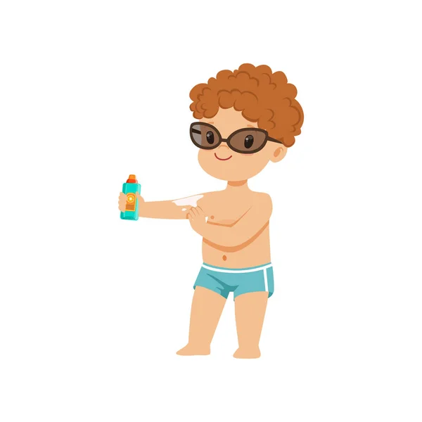 Cute little boy applying sunscreen, kid playing at the beach, happy infants outdoor activity on summer vacations vector Illustration — Stock Vector