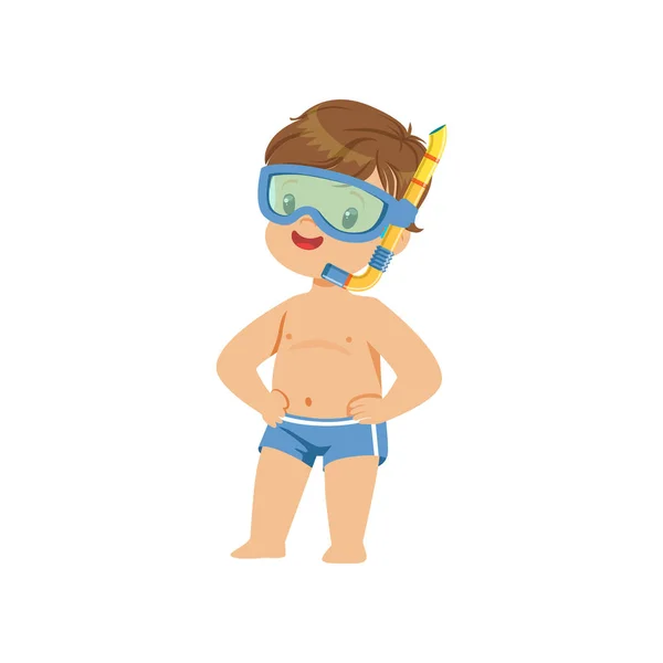逗人喜爱的小男孩佩带潜水面具与浮潜, 孩子在海滩玩, 愉快的婴孩户外活动在夏天假期向量例证 — 图库矢量图片