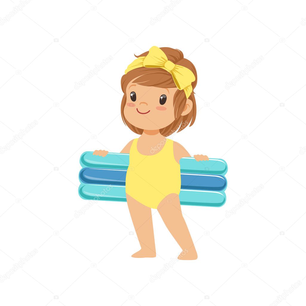 Sweet little girl in a yellow swimsuit holding blue inflatable mattress, kid playing at the beach, happy infants outdoor activity on summer vacations vector Illustration