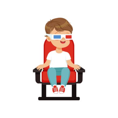 Sevimli küçük çocuk kırmızı bir sandalyede oturuyor ve sinema vektör çizim 3d film izlerken 3d gözlük