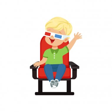 Mutlu küçük çocuk kırmızı sandalyede oturan ve sinema vektör çizim 3d film izlerken 3d gözlük