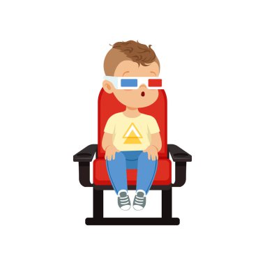 Komik küçük yakışıklı kırmızı bir sandalyede oturuyor ve sinema vektör çizim 3d film izlerken 3d gözlük