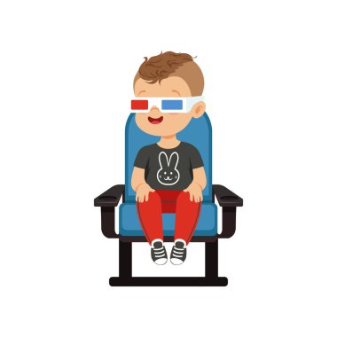 Mavi bir sandalyede oturuyor ve sinema vektör çizim 3d film izlerken 3d gözlük gülümseyen küçük çocuk
